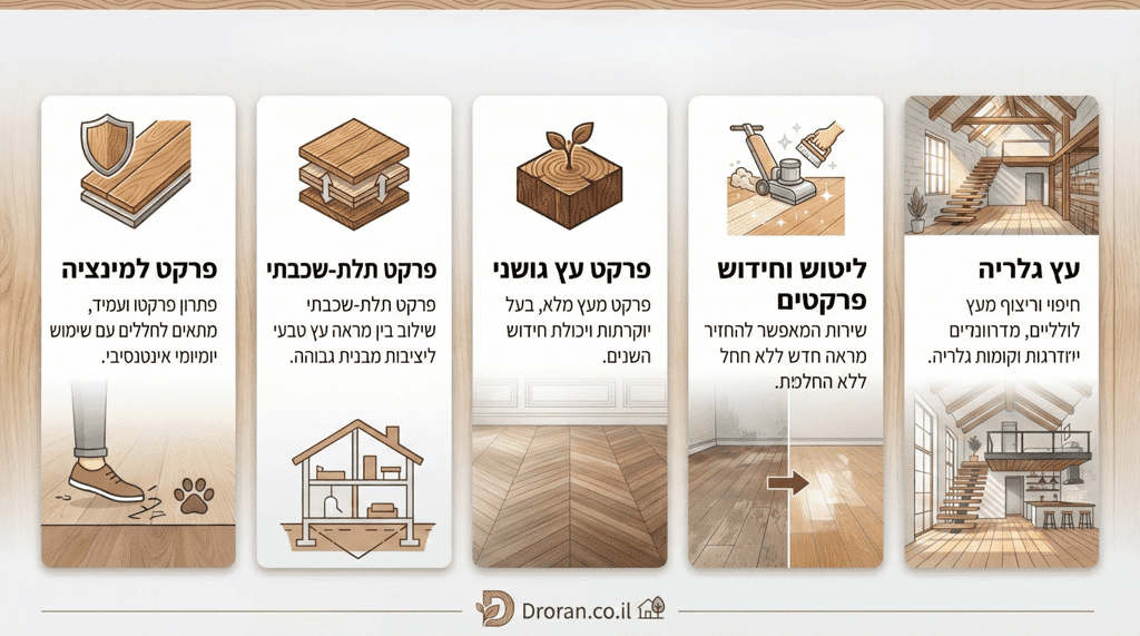 אינפוגרפיקה המציגה סוגי פרקטים פרקט למינציה, פרקט תלת-שכבתי, פרקט עץ גושני, ליטוש וחידוש פרקטים, ועץ גלריה. כוללת אייקונים